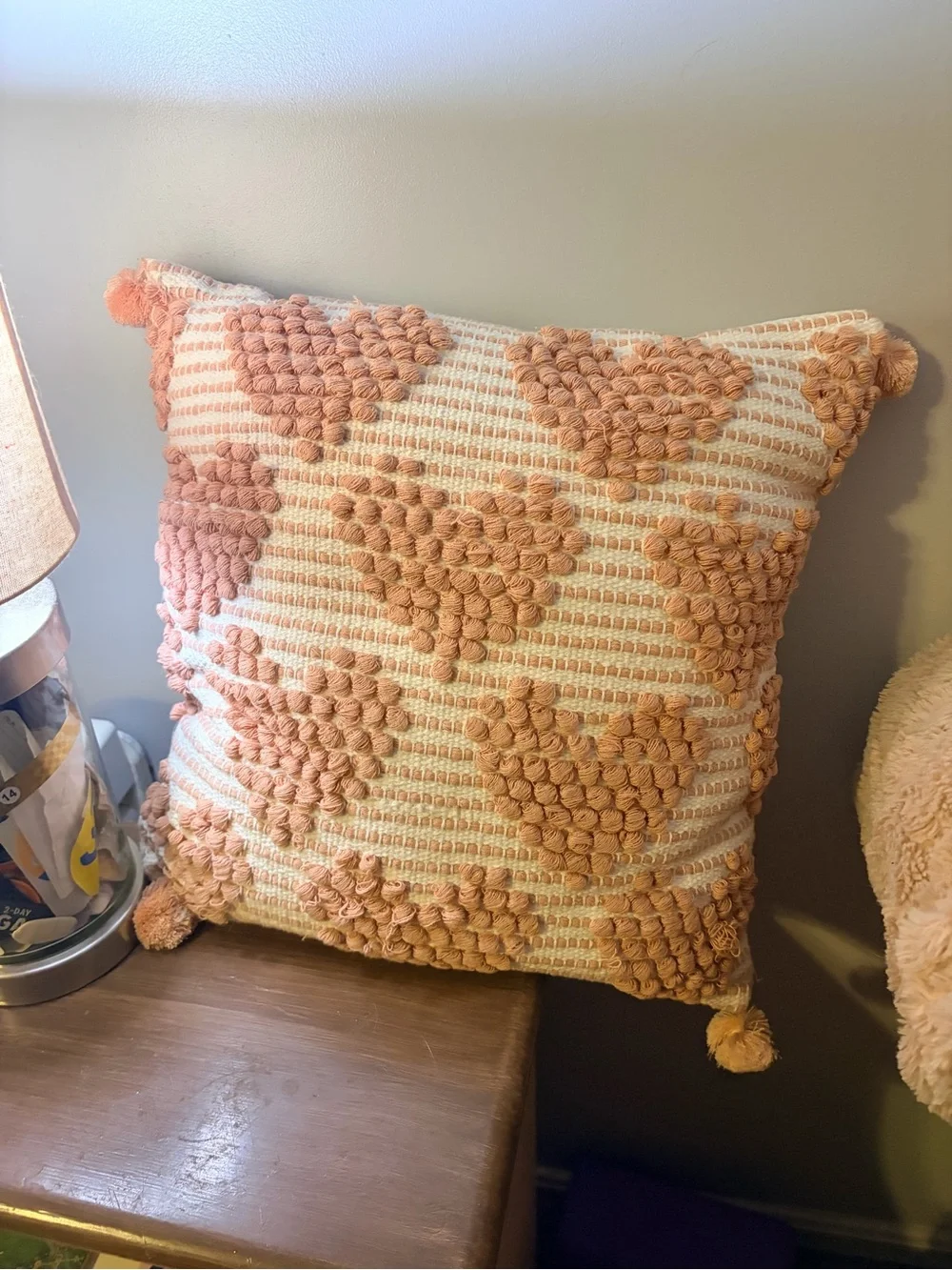 Textured pink Heart Throw Pillow with Pom Trim and pink heart pillow